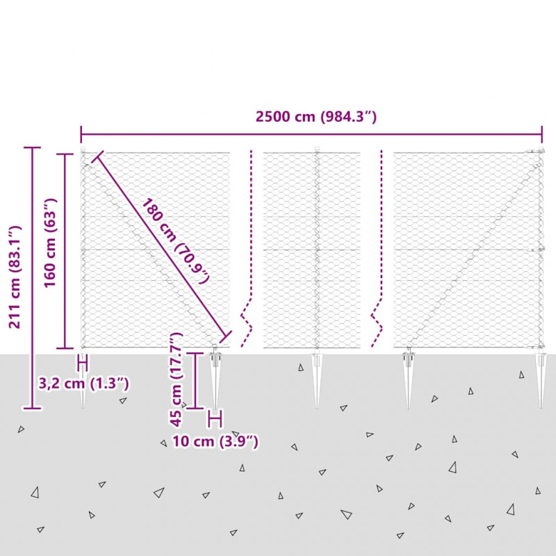 Słupek ogrodzeniowy. Srebrny 25 x 1,6 m (siatka 50 mm) Stal