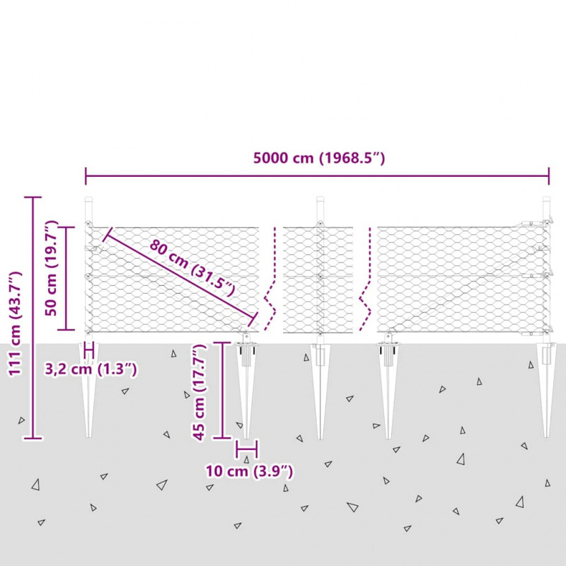 Słupek ogrodzeniowy. Srebrny 50 x 0,5 m (siatka 36 mm) Stal