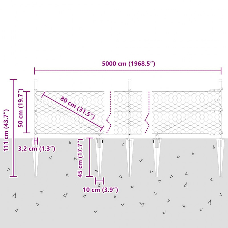 Słupek ogrodzeniowy. Srebrny 50 x 0,5 m (siatka 50 mm) Stal