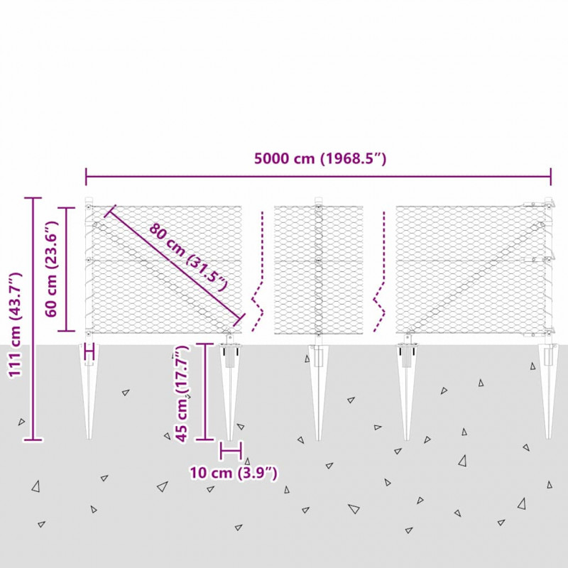 Słupek ogrodzeniowy. Srebrny 50 x 0,6 m (siatka 25 mm) Stal