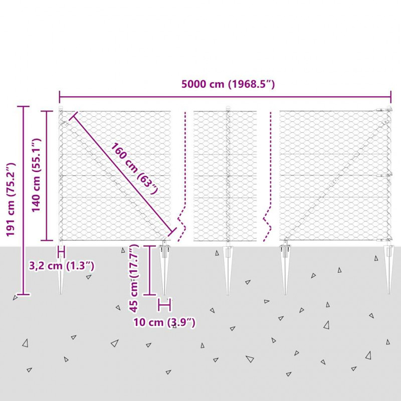 Słupek ogrodzeniowy. Srebrny 50 x 1,4 m (siatka 50 mm) Stal