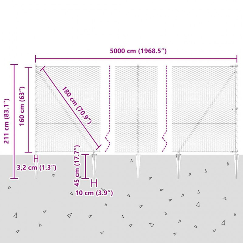 Słupek ogrodzeniowy. Srebrny 50 x 1,6 m (siatka 36 mm) Stal
