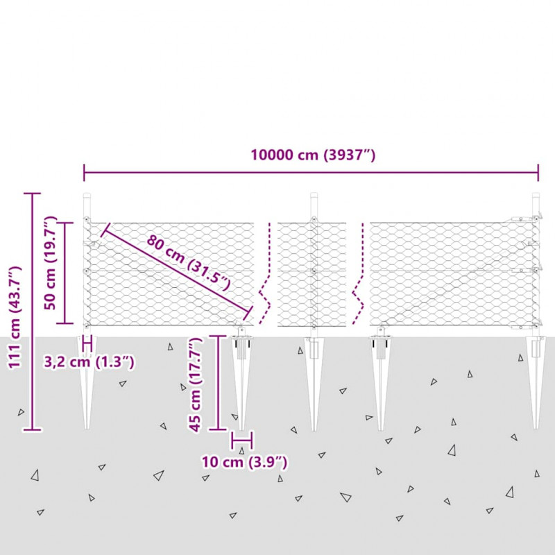 Słupek ogrodzeniowy. Srebrny 100 x 0,5 m (siatka 36 mm) Stal