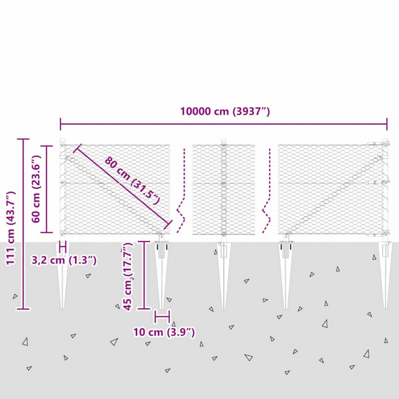 Słupek ogrodzeniowy. Srebrny 100 x 0,6 m (siatka 25 mm) Stal