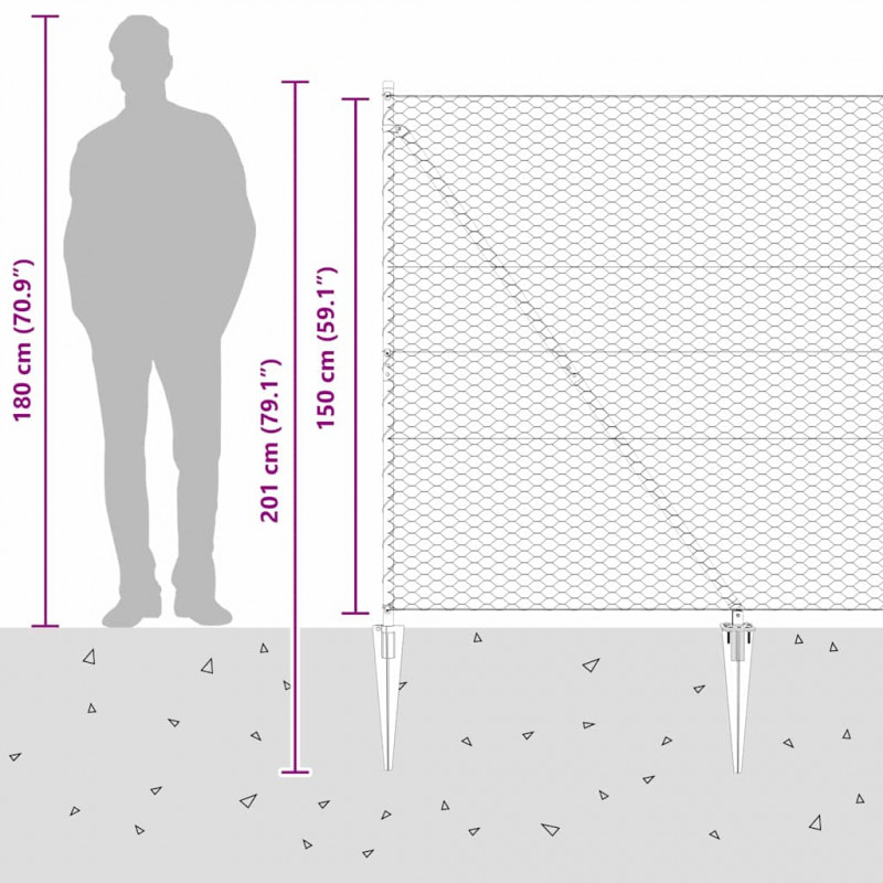 Słupek ogrodzeniowy. Srebrny 100 x 1,5 m (siatka 36 mm) Stal