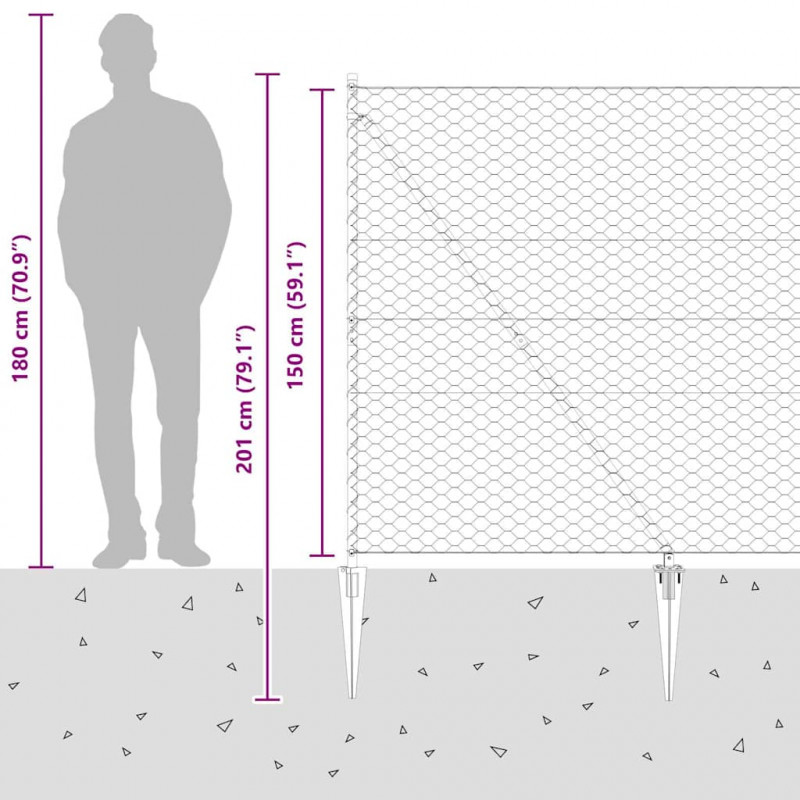Słupek ogrodzeniowy. Srebrny 100 x 1,5 m (siatka 50 mm) Stal