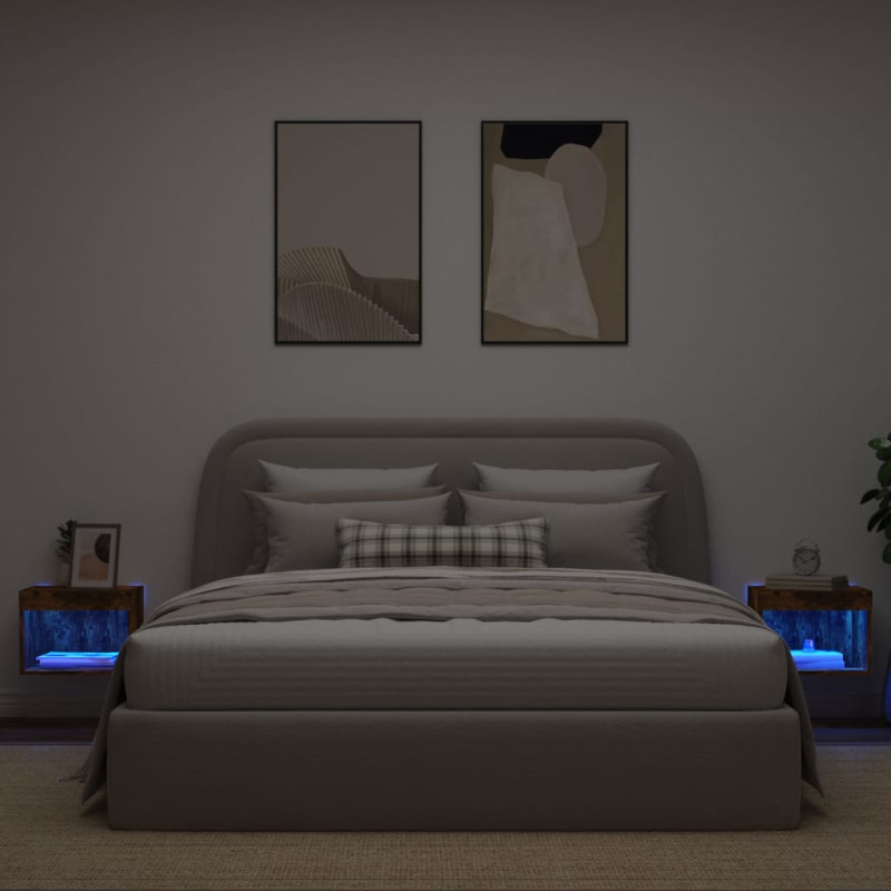 Szafki nocne z LED, ścienne, 2 szt., przydymiony dąb