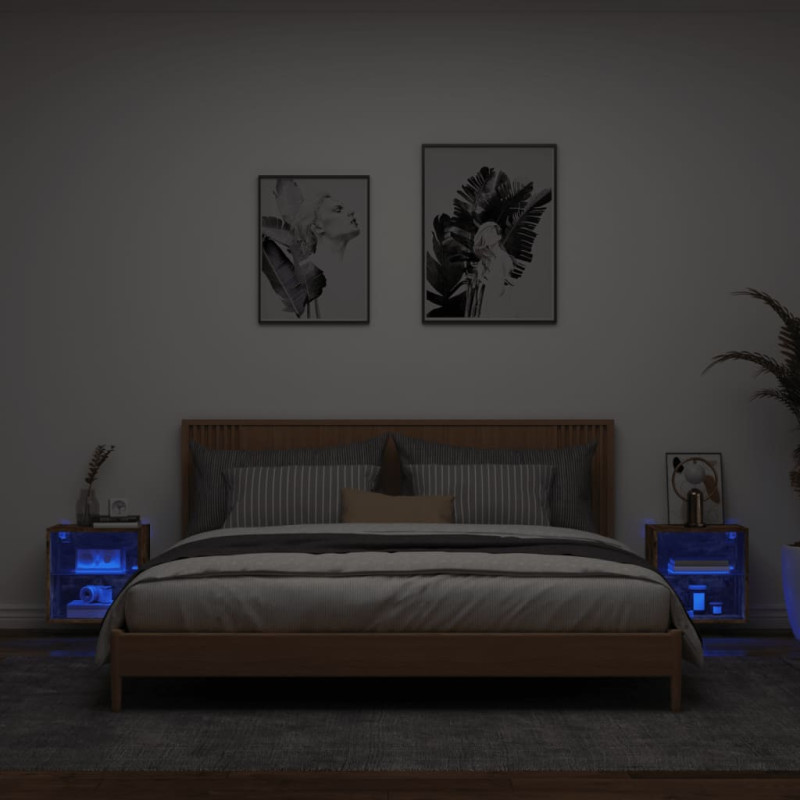 Szafki nocne z LED, ścienne, 2 szt., przydymiony dąb