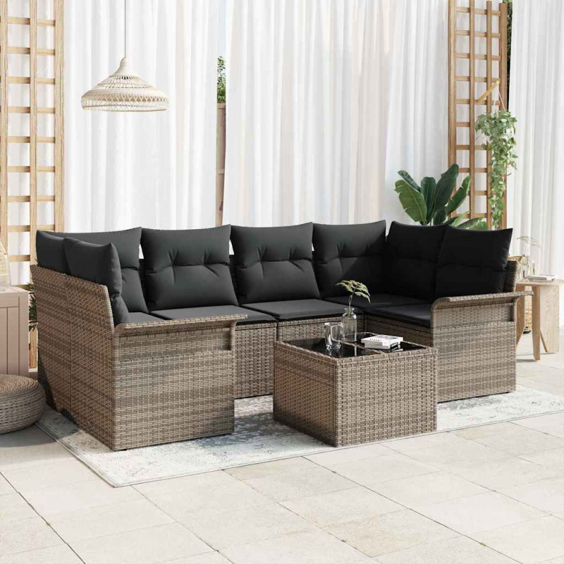 Zestaw Sof na Ogród 7 pcs Szary Polirattan, stal i szkło