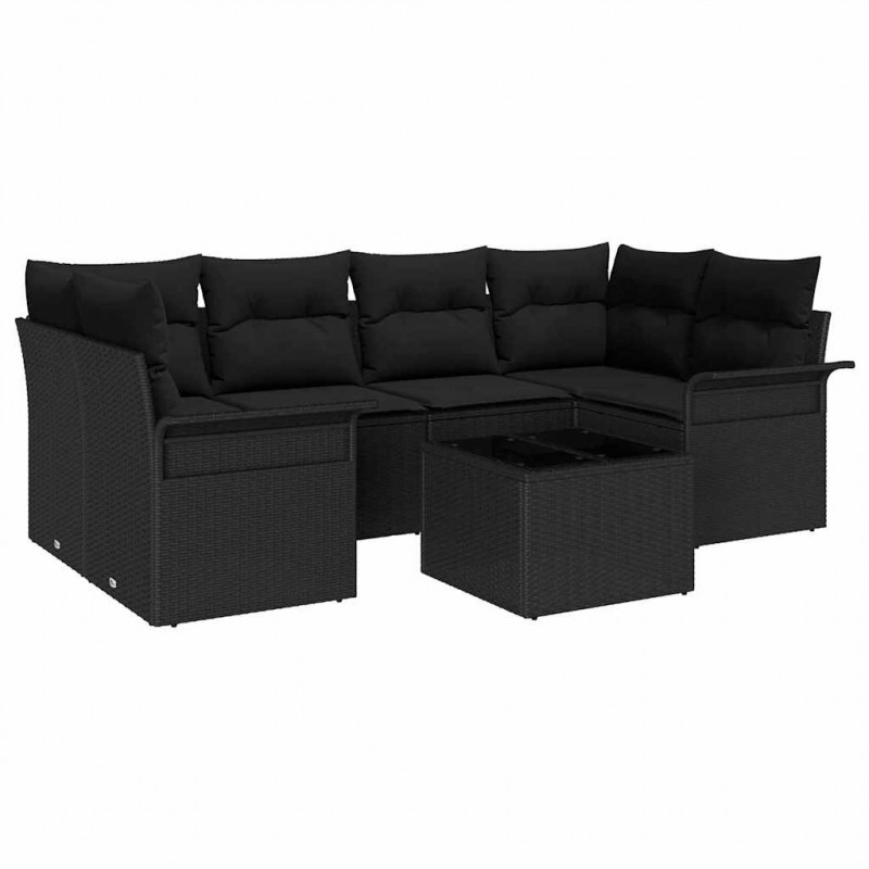 Zestaw Sof na Ogród 7 pcs Czarny Polirattan, stal i szkło