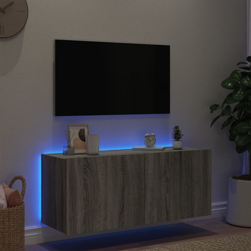 Ścienna szafka TV z LED, szary dąb sonoma, 100x35x41 cm