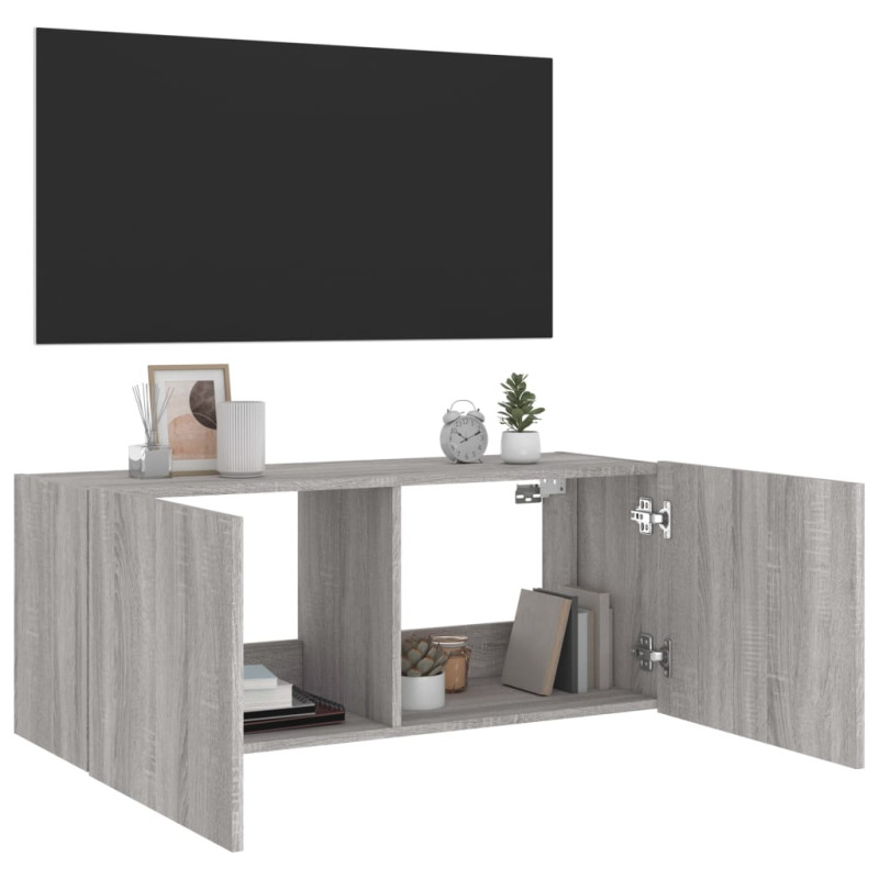 Ścienna szafka TV z LED, szary dąb sonoma, 100x35x41 cm