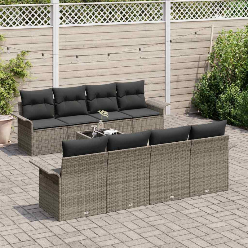 Zestaw Sof na Ogród 9 pcs Szary Polirattan, stal i szkło