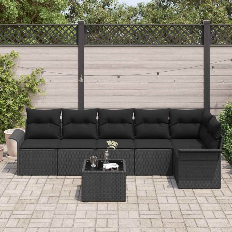 Zestaw Sof na Ogród z poduszką 7 pcs Czarny Polirattan