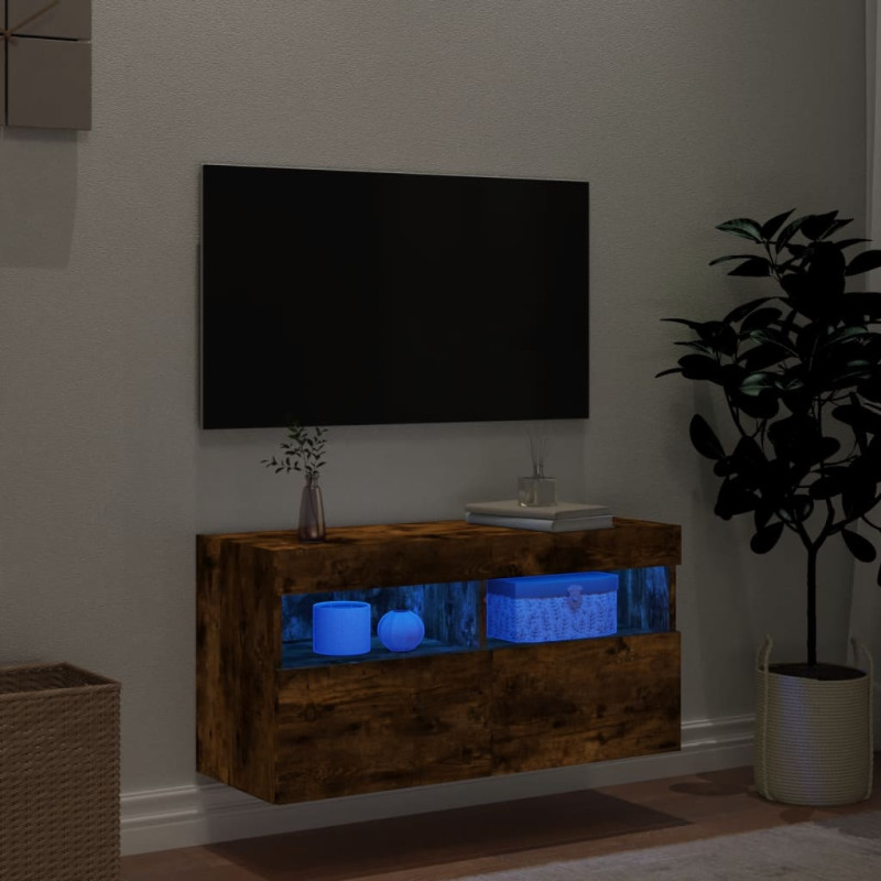 Ścienna szafka TV z LED, przydymiony dąb, 80x30x40 cm