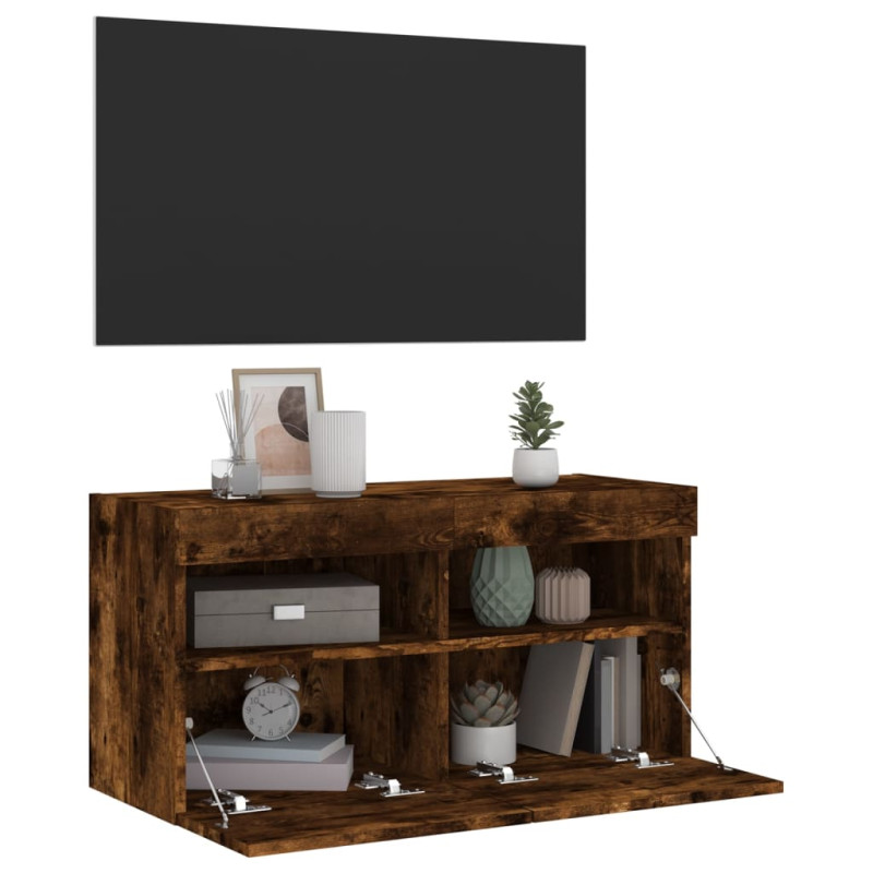 Ścienna szafka TV z LED, przydymiony dąb, 80x30x40 cm