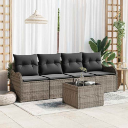 Zestaw Sof na Ogród 5 pcs Szary Polirattan, stal i szkło