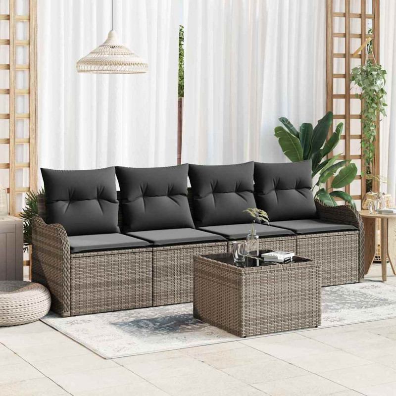 Zestaw Sof na Ogród 5 pcs Szary Polirattan, stal i szkło