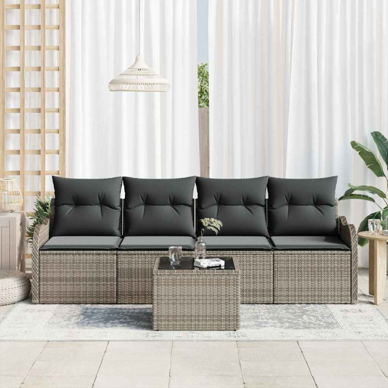 Zestaw Sof na Ogród 5 pcs Szary Polirattan, stal i szkło