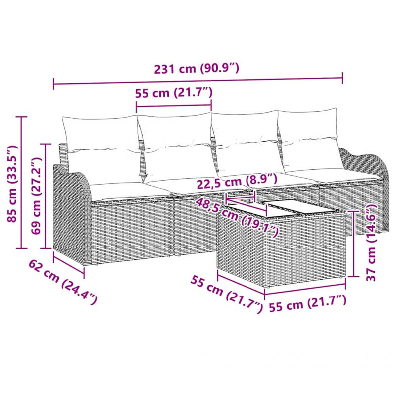 Zestaw Sof na Ogród 5 pcs Szary Polirattan, stal i szkło