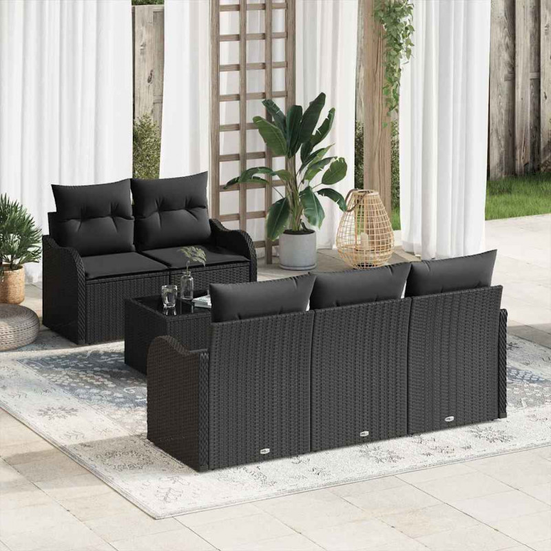 Zestaw Sof na Ogród 6 pcs Czarny Polirattan, stal i szkło