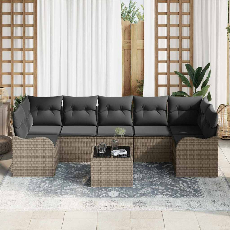 Zestaw Sof na Ogród 8 pcs Szary Polirattan, stal i szkło