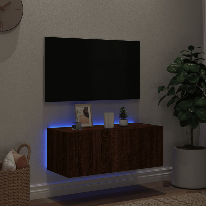 Ścienna szafka TV z LED, brązowy dąb, 80x35x31 cm