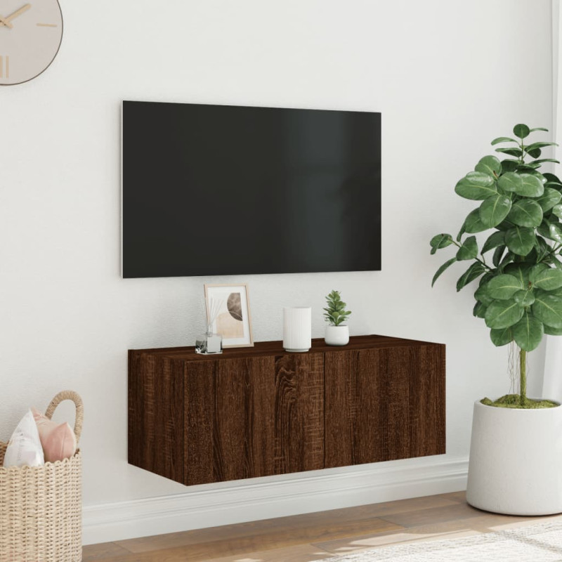 Ścienna szafka TV z LED, brązowy dąb, 80x35x31 cm