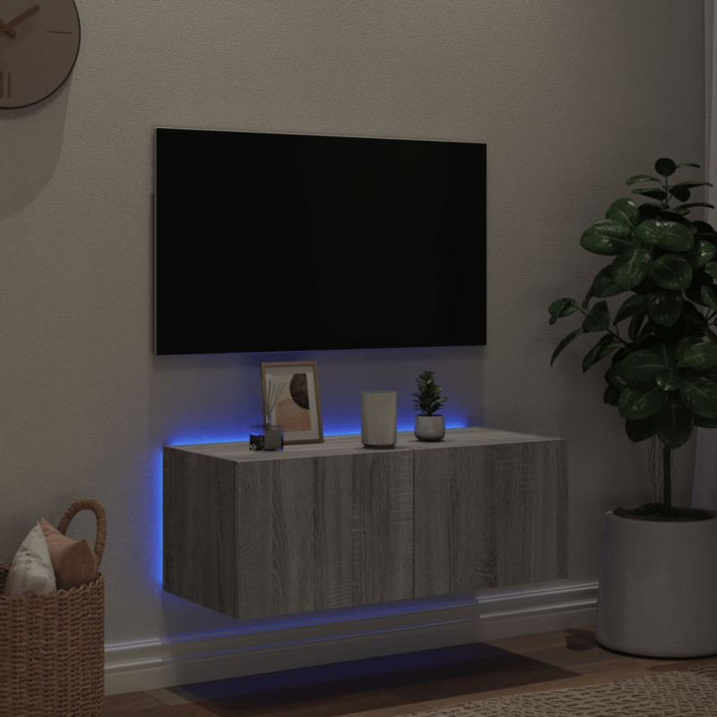 Ścienna szafka TV z LED, szary dąb sonoma, 80x35x31 cm