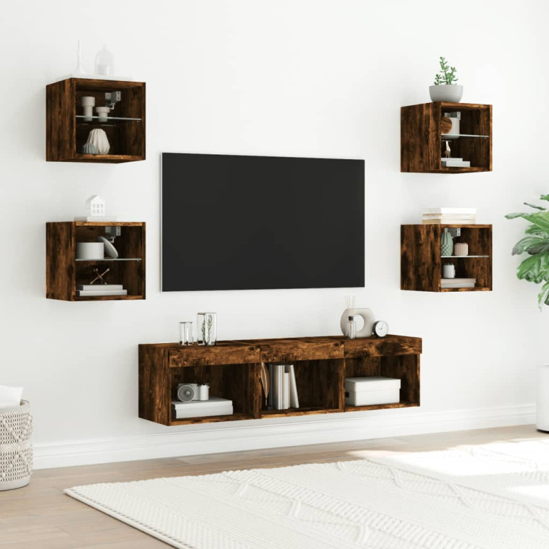 7-częściowy zestaw mebli TV z LED, przydymiony dąb