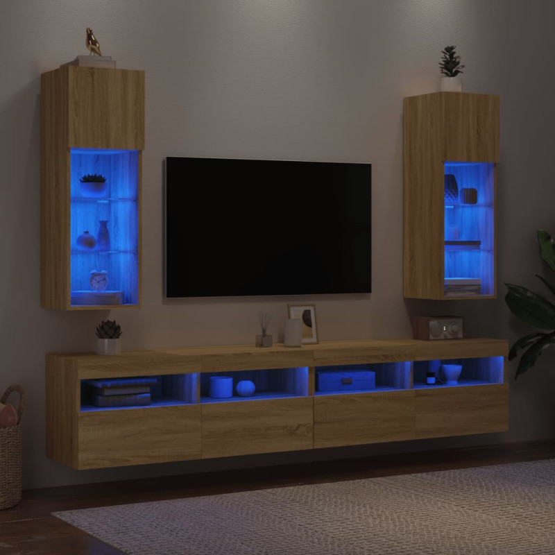 Szafki TV, z LED, 2 szt., dąb sonoma, 30,5x30x90 cm