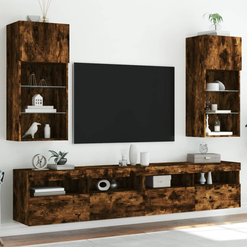 Szafki TV, z LED, 2 szt., przydymiony dąb, 40,5x30x90 cm