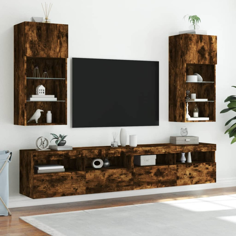 Szafki TV, z LED, 2 szt., przydymiony dąb, 40,5x30x90 cm