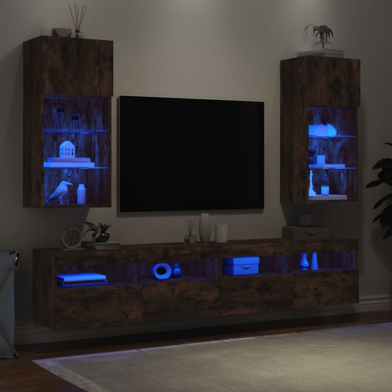 Szafki TV, z LED, 2 szt., przydymiony dąb, 40,5x30x90 cm