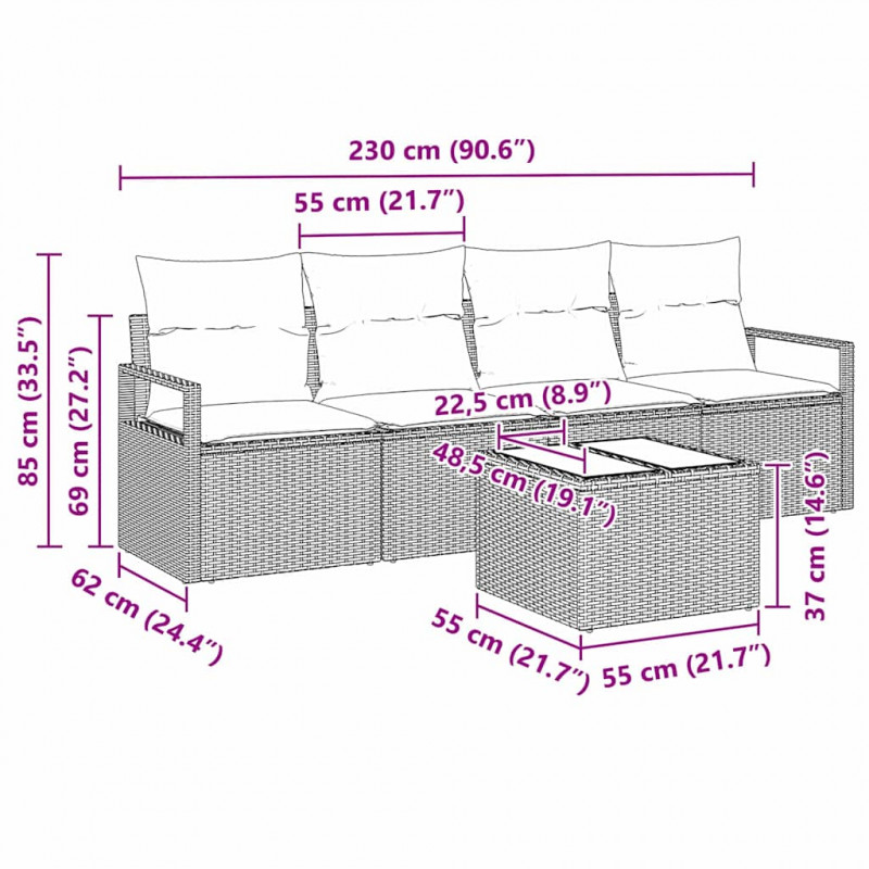 Zestaw Sof z poduszką z przechowywaniem 5 pcs Szary polirattan