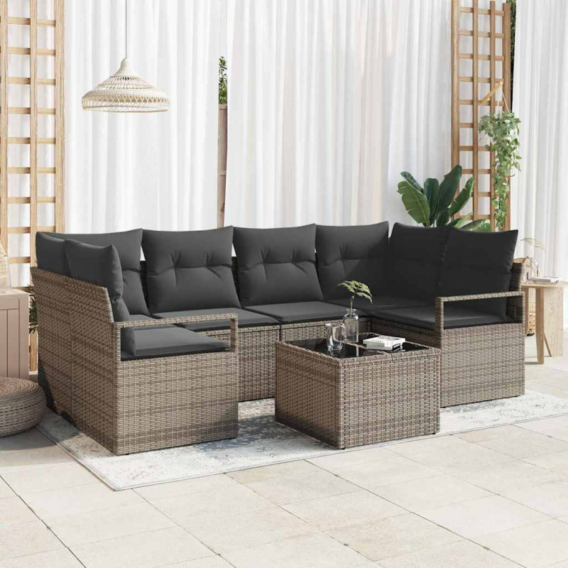 Zestaw Sof na Ogród 7 pcs Szary Polirattan, stal i szkło