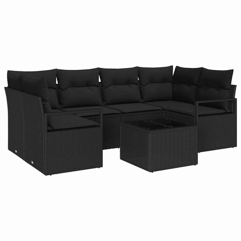 Zestaw Sof na Ogród 7 pcs Czarny Polirattan, stal i szkło