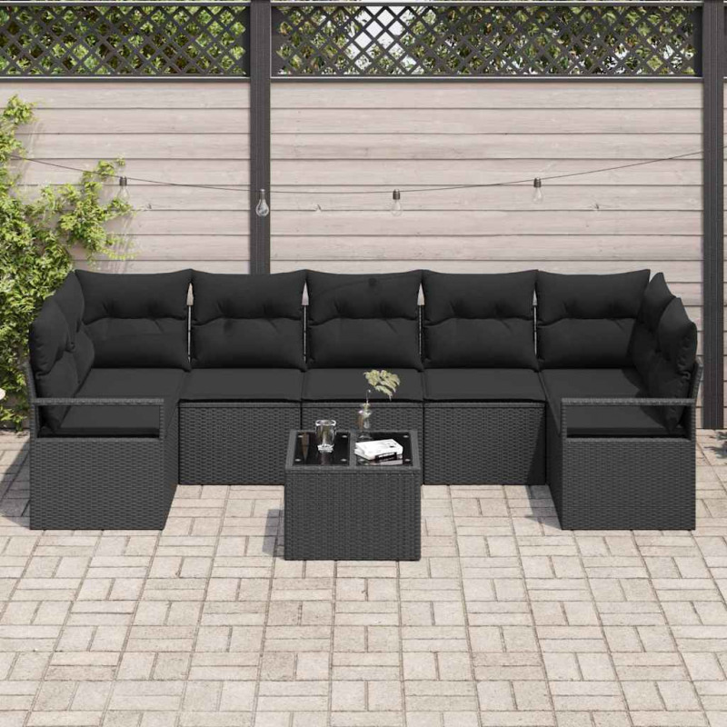 Zestaw Sof na Ogród 8 pcs Czarny Polirattan, stal i szkło
