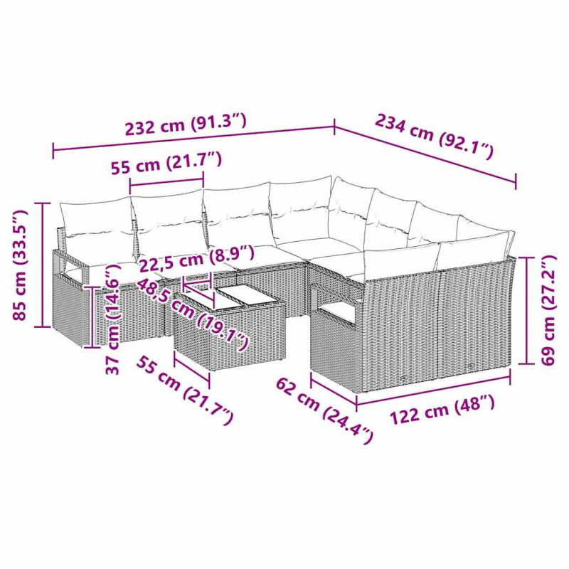 Zestaw Sof z poduszką 9 pcs Beżowy i kremowy polirattan
