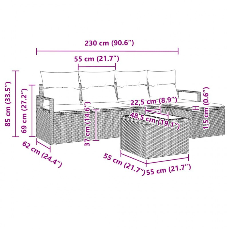 Zestaw Sof z poduszką 6 pcs Jasnoszary polirattan