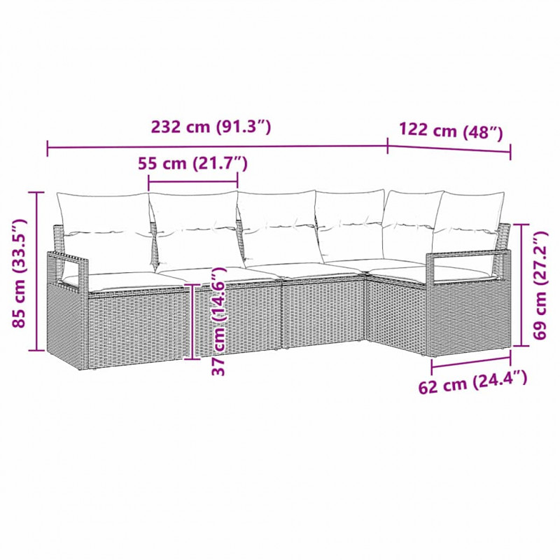 Zestaw Sof na Ogród z poduszką 5 pcs Jasnoszary polirattan