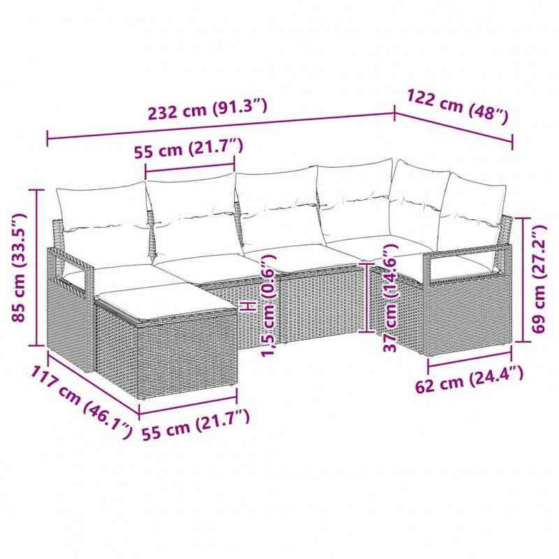 Zestaw Sof z poduszką 6 pcs Jasnoszary polirattan