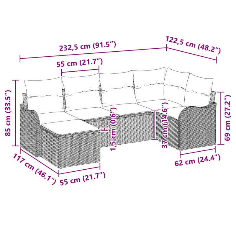 Zestaw Sof na Ogród z poduszką 6 pcs Szary Polirattan