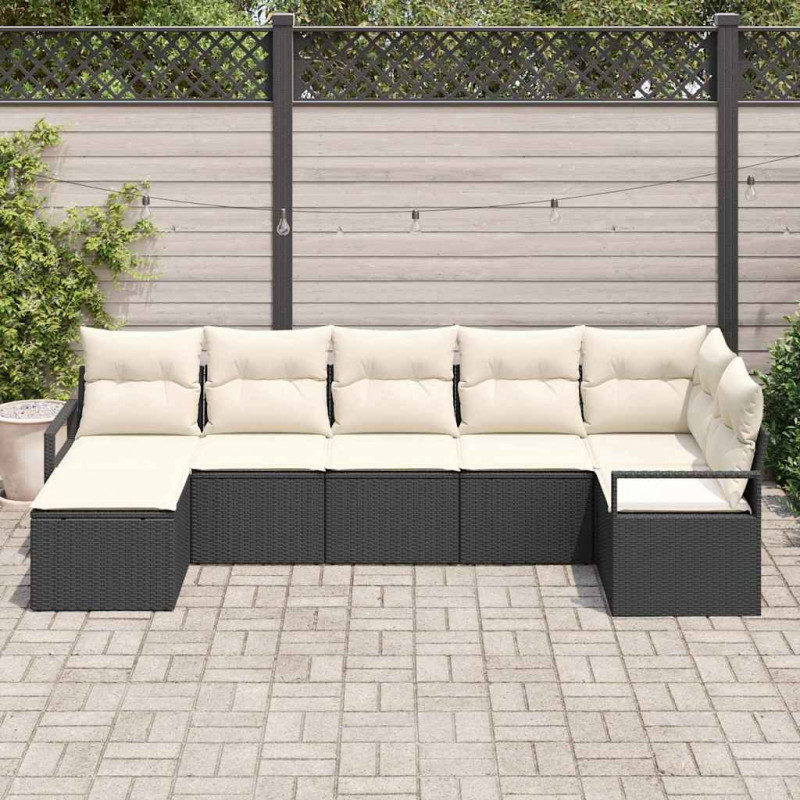 Zestaw Sof z poduszką 7 pcs Czarny i kremowy polirattan