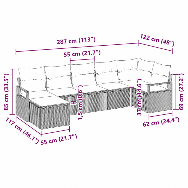 Zestaw Sof z poduszką z przechowywaniem 7 pcs Szary polirattan