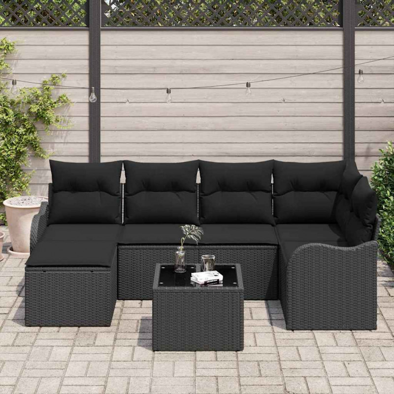 Zestaw Sof na Ogród z poduszką 7 pcs Czarny Polirattan