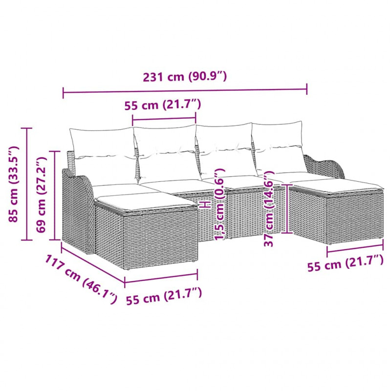 Zestaw Sof na Ogród z poduszką 6 pcs Czarny Polirattan