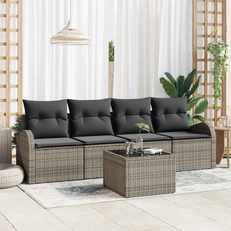 Zestaw Sof na Ogród 5 pcs Szary Polirattan, stal i szkło