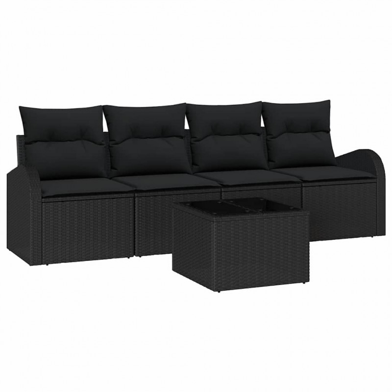 Zestaw Sof na Ogród 5 pcs Czarny Polirattan, stal i szkło
