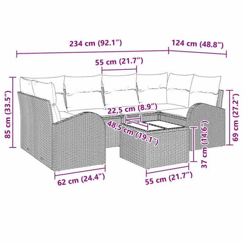 Zestaw Sof na Ogród z poduszką 7 pcs Jasnoszary i ciemnoszary